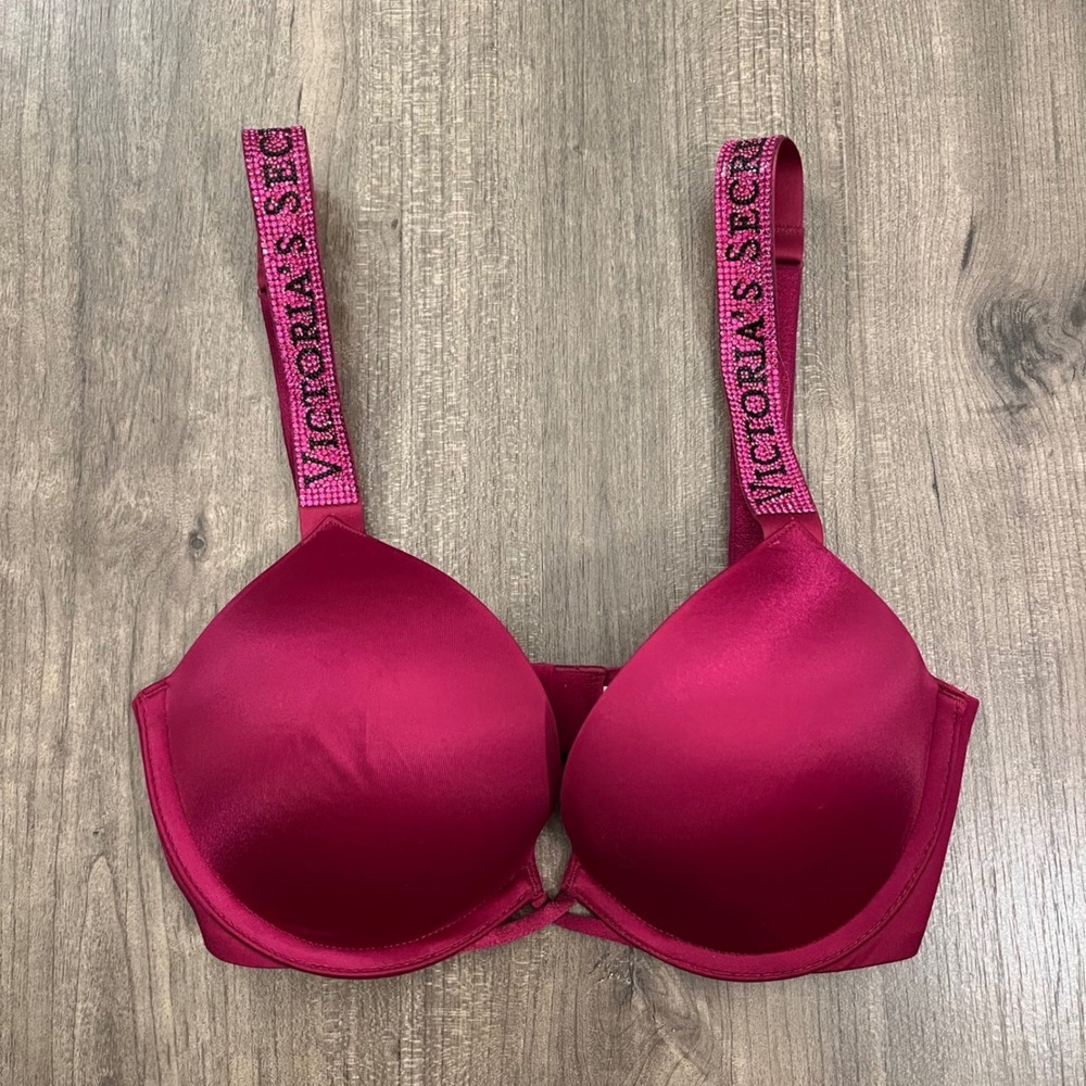 Victoria's Secret Bra Bombshell Plunge Pushup Wine Red Rhinestone Strap 30C